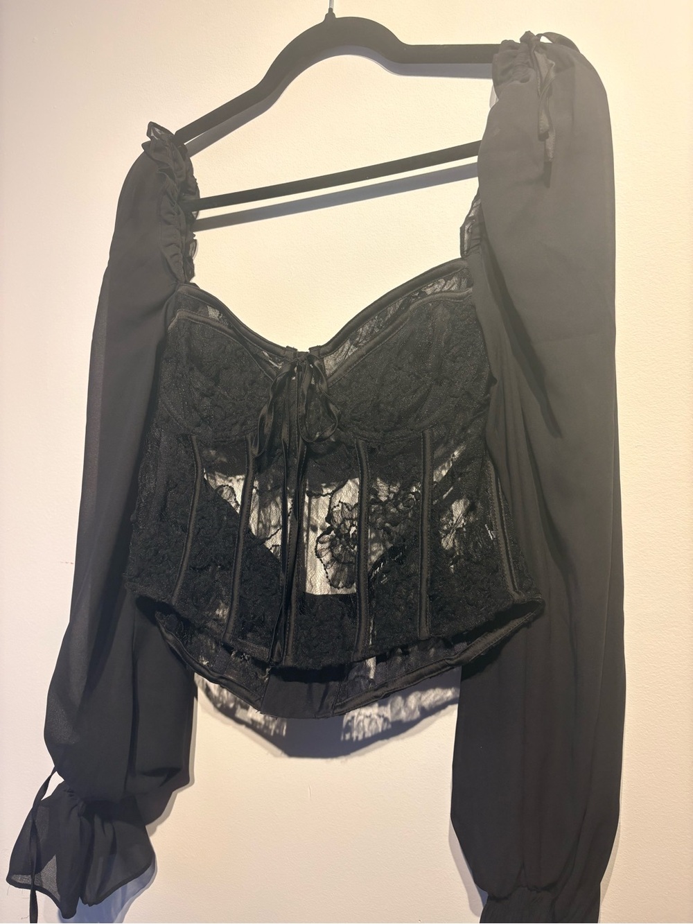 For Love & Lemons Sade Top - Black Lace Corset Bustier with Sheer Puff Sleeves